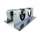 Cargo bar load lock bracket at three-quarter angle showing rubber cradles and mounting holes